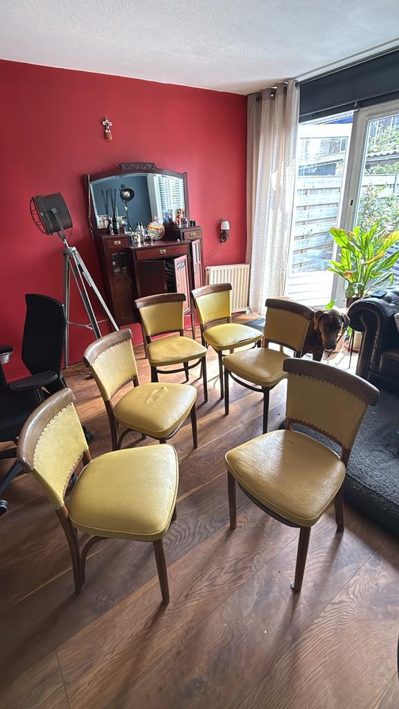 6 Vintage cafestoelen geel leer 90 jaar oud, Antiek en Kunst, Ophalen of Verzenden