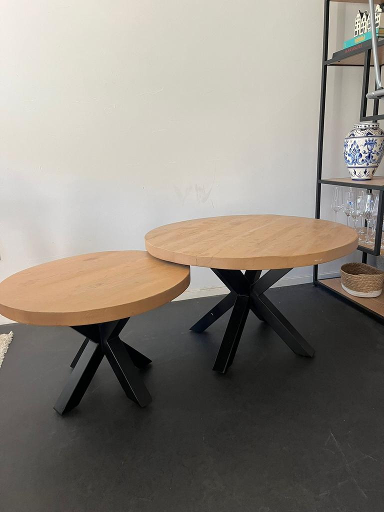 2 ronde salontafels met stalen onderstel, Ophalen, 50 tot 100 cm, Rond, Zo goed als nieuw