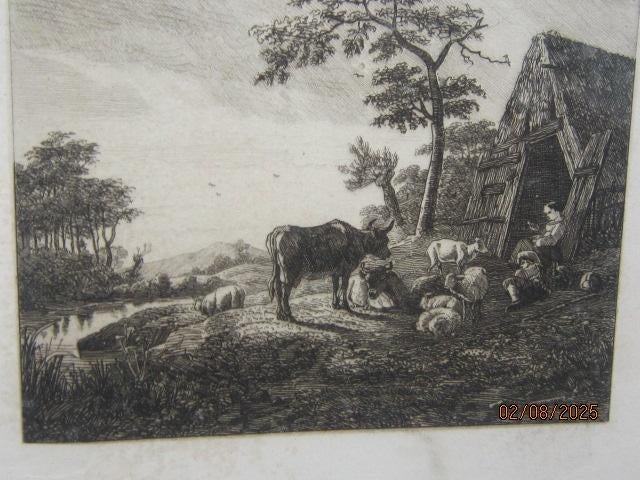 Los etsje inpassepartout Schaapherder Schapen  en een stier, Antiek en Kunst, Kunst | Etsen en Gravures, Ophalen of Verzenden
