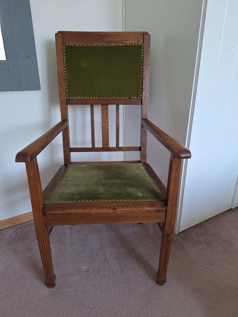 Houten stoel met groene bekleding, Ophalen of Verzenden