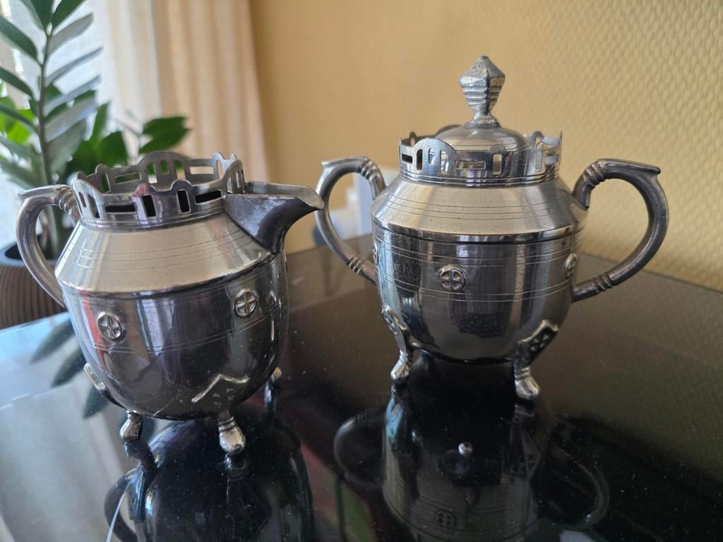 Antiek verzilverd koffie- en theeservies, Antiek en Kunst, Antiek | Goud en Zilver, Ophalen of Verzenden, Zilver