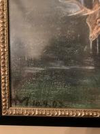 Oud Prent Hert aan Water met Waskrijt Tekening, Ophalen