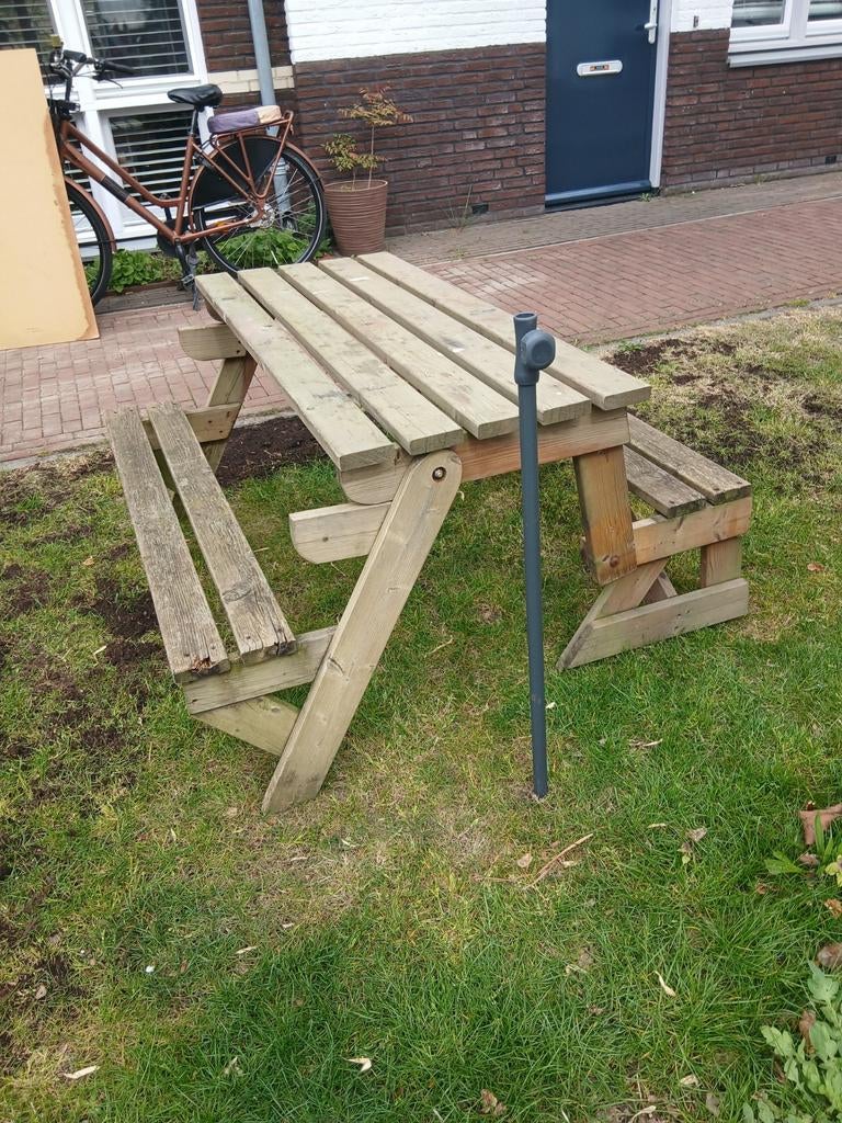 Opklapbare houten picknicktafel / bankje, Ophalen, Gebruikt, Inklapbaar, Rechthoekig