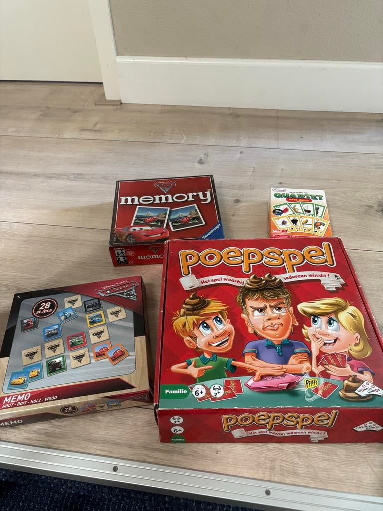 Spellenpakket: 2x Cars Memory, Poepspel en Kwartet, Een of twee spelers, Ophalen, Gebruikt
