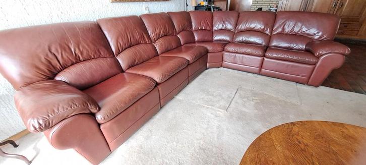 Bordeaux rode leren hoekbank, Huis en Inrichting, Banken | Complete zithoeken, Gebruikt, Ophalen