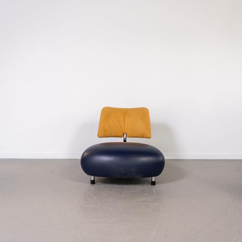 1x Leolux Pallone Fauteuil Blauw Leer/Geel Suède - Chroom, Niet ingevuld, Gebruikt, Leer, Niet ingevuld