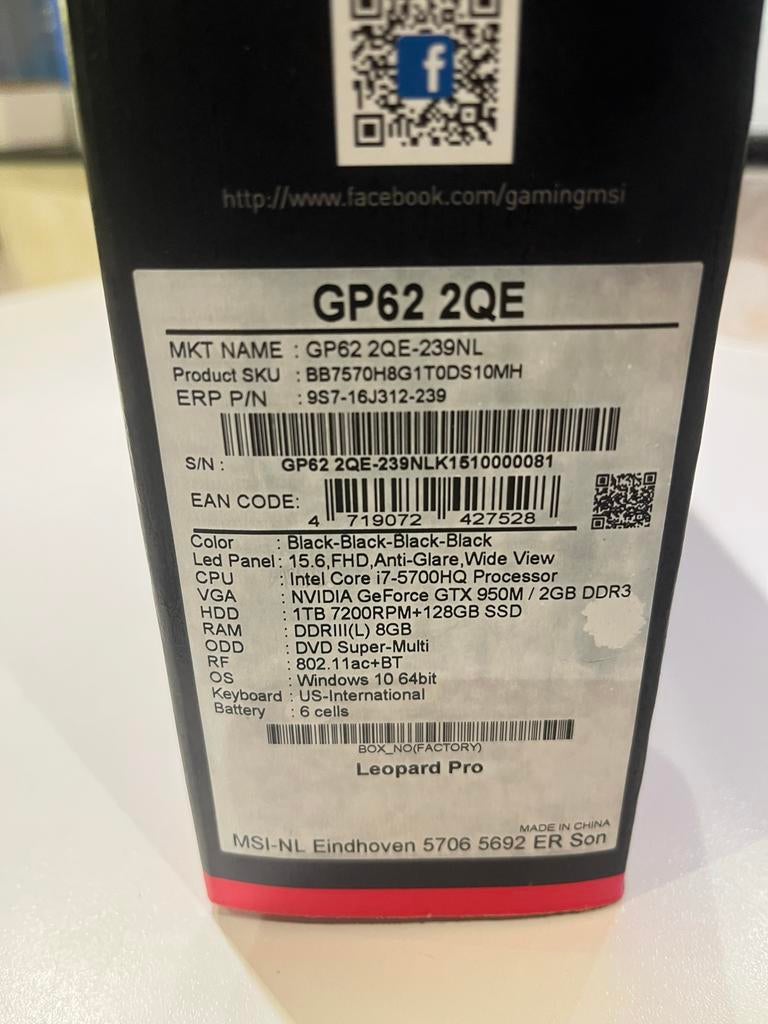MSI GP62 2QE Gaming Laptop - i7-5700HQ, GTX 950M, 8GB RAM, Ophalen, Gebruikt, 2 tot 3 Ghz, 8 GB