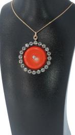 Grote koraal antieke gouden zilveren ketting hanger glas, Verzenden, Goud, Hanger, Met edelsteen