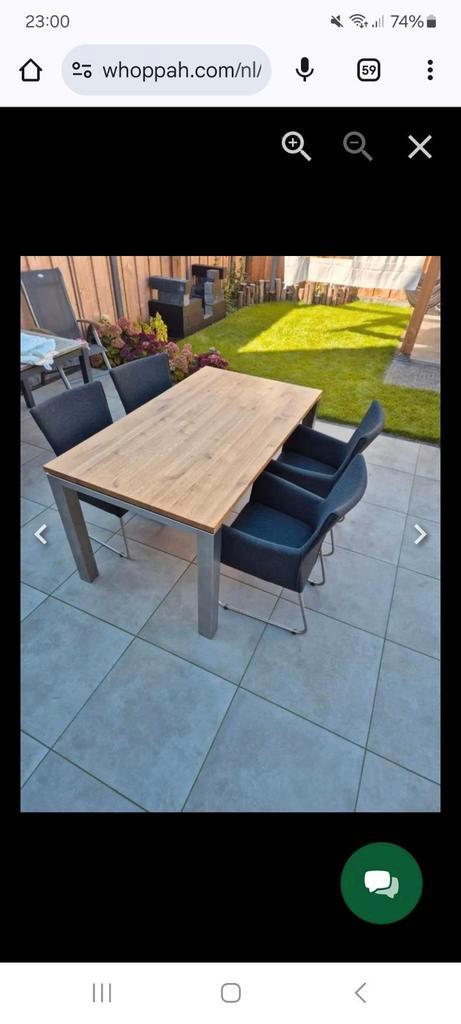 Eettafel rustiek eiken met RVS poot, 160x90cm incl 4 stoelen, Huis en Inrichting, Tafels | Eettafels, Zo goed als nieuw, 50 tot 100 cm