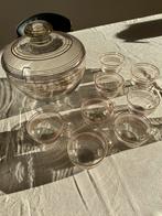 Art deco vintage punch schaal bowl 9 mokken glas goud rood, Antiek en Kunst, Ophalen