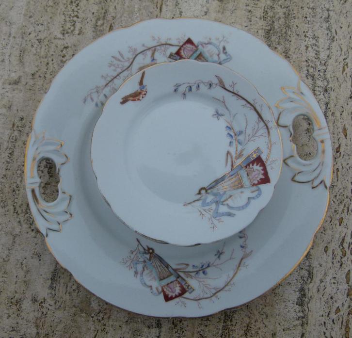 PRACHTIG Mosa Gebakstel Decor 110 met Vogels en Vliegers, Antiek en Kunst, Antiek | Servies compleet, Ophalen of Verzenden