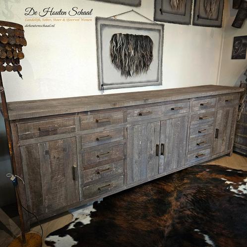 Driftwood Dressoir , ijzeren Grepen, Breed: 275 cm !, Huis en Inrichting, Kasten | Dressoirs, Nieuw, 200 cm of meer, 25 tot 50 cm