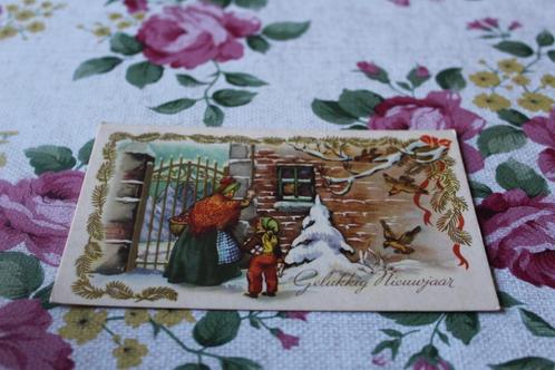 Oude Kerst AK - Jonge en Vrouw staan voor Hek, Vogels c 1920, Verzamelen, Ansichtkaarten | Themakaarten, Gelopen, Voor 1920, Feest(dag)