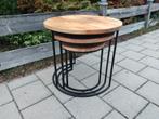 Set van 3 ijzeren bijzettafeltjes met mangohouten blad, Ophalen, Minder dan 55 cm, Gebruikt, Rond