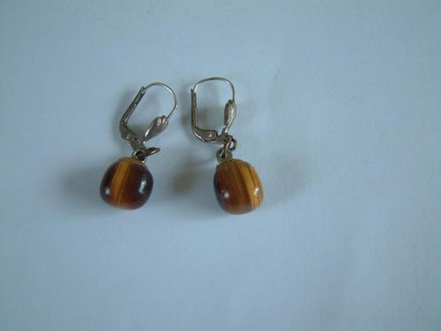 mooie vintage oorbellen met  tijgeroog, Sieraden, Tassen en Uiterlijk, Oorbellen, Hangers, Bruin, Ophalen of Verzenden