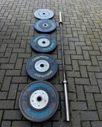 105kg Crossmaxx Competition Bumperplates + Crossmaxx Barbell, Ophalen, Gebruikt, Halterschijven