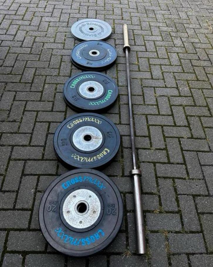 105kg Crossmaxx Competition Bumperplates + Crossmaxx Barbell, Sport en Fitness, Fitnessmaterialen, Gebruikt, Halterschijven, Ophalen