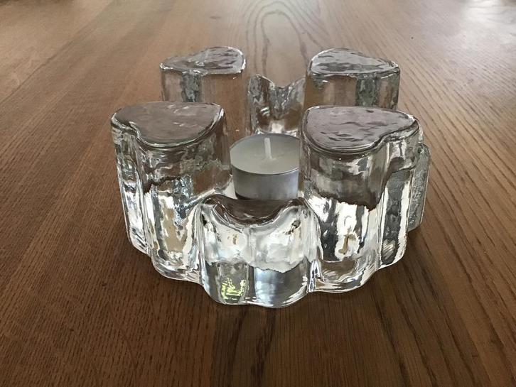 Vintage Glazen rechaud, theelichtjeshouder met hartjes., Verzamelen, Retro, Huis en Inrichting, Ophalen of Verzenden