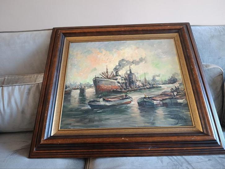 Olieverfschilderij Havengezicht, Antiek en Kunst, Kunst | Schilderijen | Klassiek, Ophalen of Verzenden