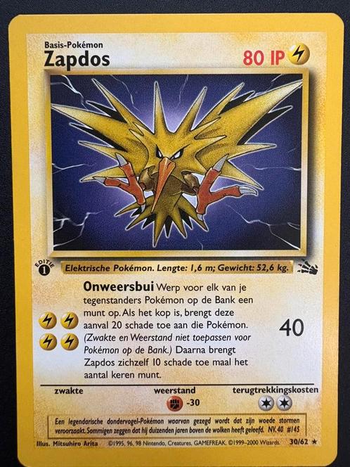Zapdos (First edition) 30/62 Fossil NL NM, Hobby en Vrije tijd, Verzamelkaartspellen | Pokémon, Zo goed als nieuw, Losse kaart