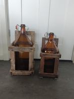 Brouwersfles glazen fles in krat oranje hout vintage, Gebruikt, Ophalen