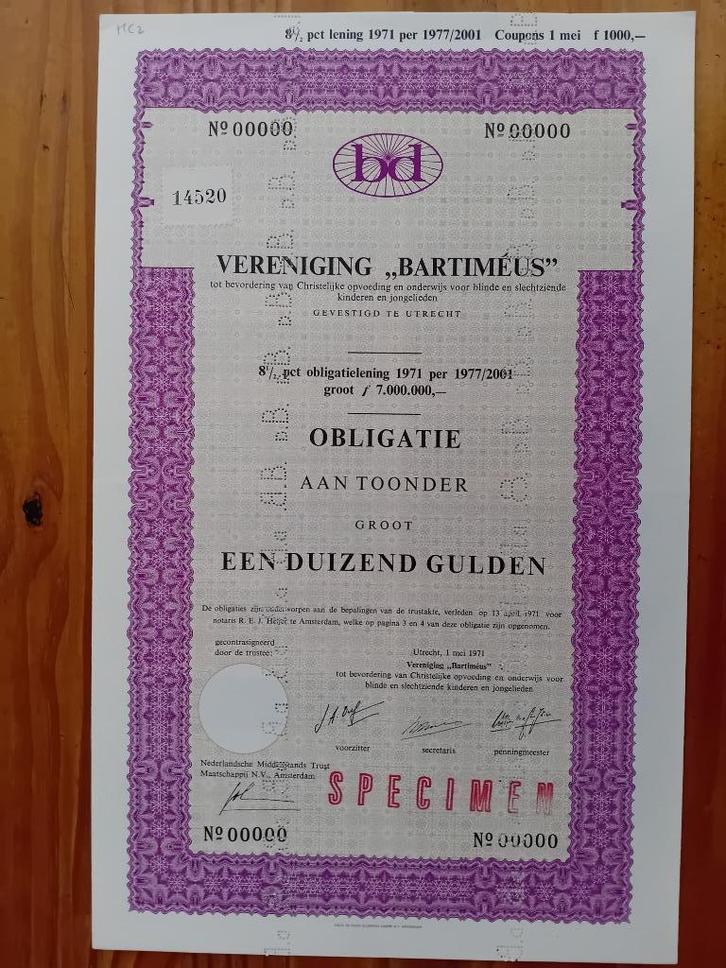 Bartimeus: Chr. opvoeding blinde en slechtziende kinderen, Postzegels en Munten, Aandelen en Waardepapieren, Aandeel, 1970 tot heden