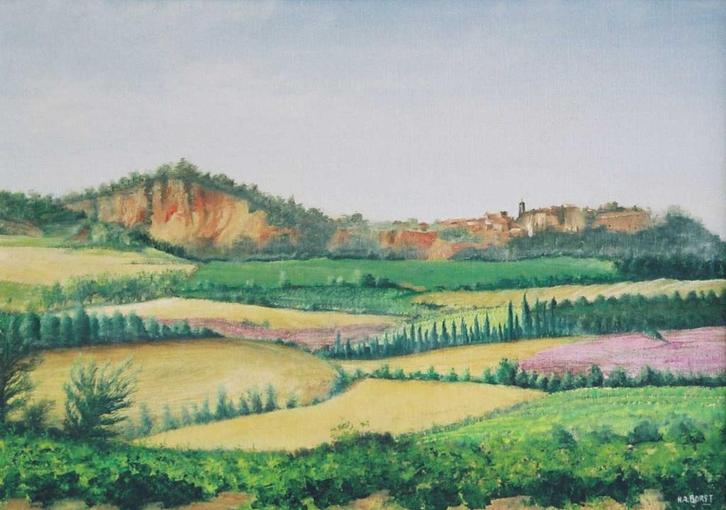 Schilderij van de gele oker mijn in Roussillon., Antiek en Kunst, Kunst | Schilderijen | Klassiek, Ophalen of Verzenden