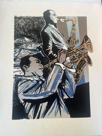 kunstwerk of poster met twee jazzmuzikanten beschikbaar voor biedingen