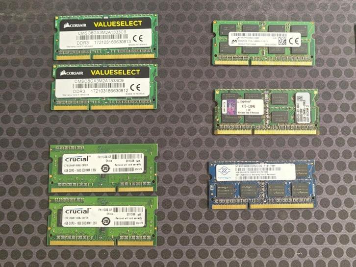 DDR3 RAM Laptop geheugen assorti (Corsair, Kingston Crucial), Computers en Software, RAM geheugen, Gebruikt, Laptop, 16 GB, DDR3