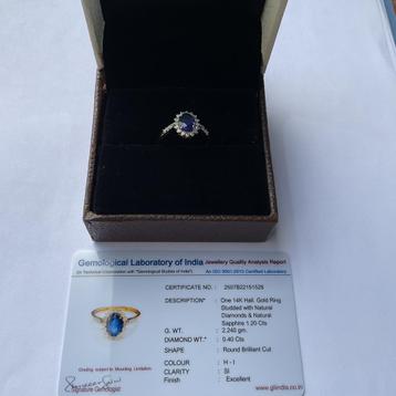 Ring goud met  diamanten en blauwe saffier beschikbaar voor biedingen