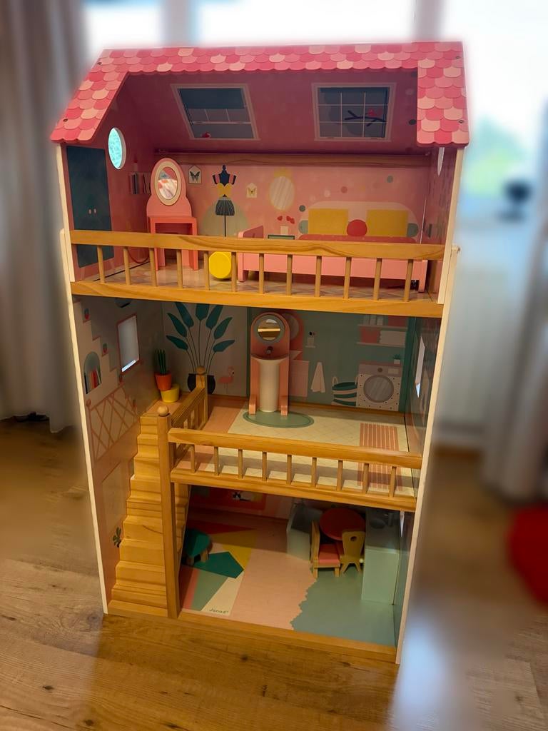 Janod Groot Houten Poppenhuis met Meubels, Ophalen, Zo goed als nieuw, Poppenhuis