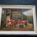 Olieverf schilderij met 2 koeien bij stal, Antiek en Kunst, Kunst | Schilderijen | Klassiek, Ophalen