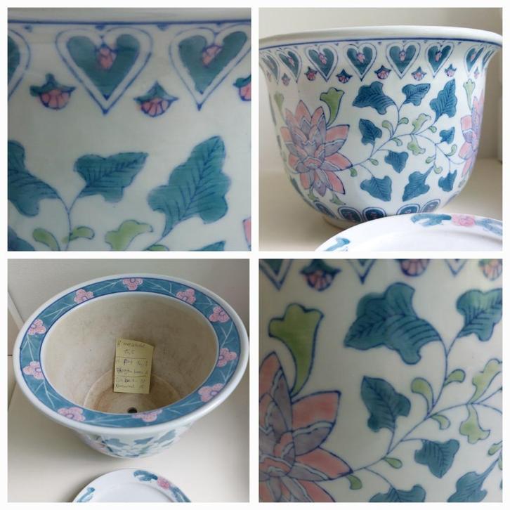Chinees Famile Rose bloempot + schotel bloemenrand Ø 20 cm, Antiek en Kunst, Antiek | Keramiek en Aardewerk, Ophalen
