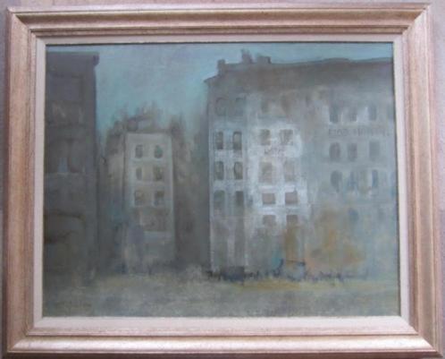 ===JAN RIJLAARSDAM 1911-2007 === gebouwen in de mist ===, Antiek en Kunst, Kunst | Schilderijen | Klassiek, Ophalen of Verzenden