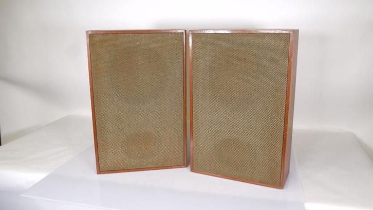 Vintage houten hifi luidsprekers met stoffen front (set), Audio, Tv en Foto, Luidsprekers, Refurbished, Front, Rear of Stereo speakers