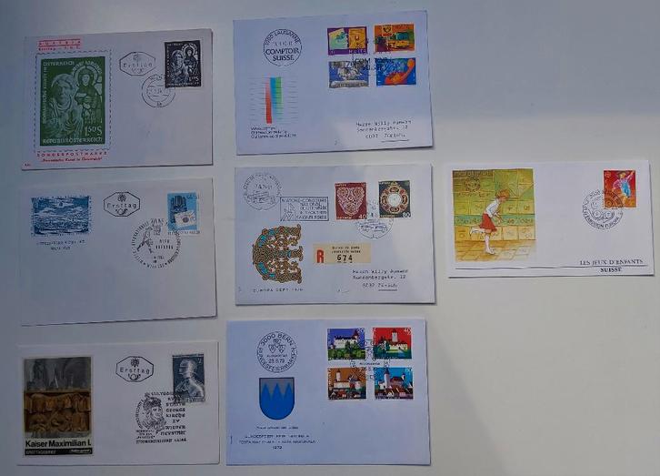 Zwitserland en Oostenrijk, FDCs, Enveloppen en stempels, 7x, Postzegels en Munten, Brieven en Enveloppen | Buitenland, Envelop