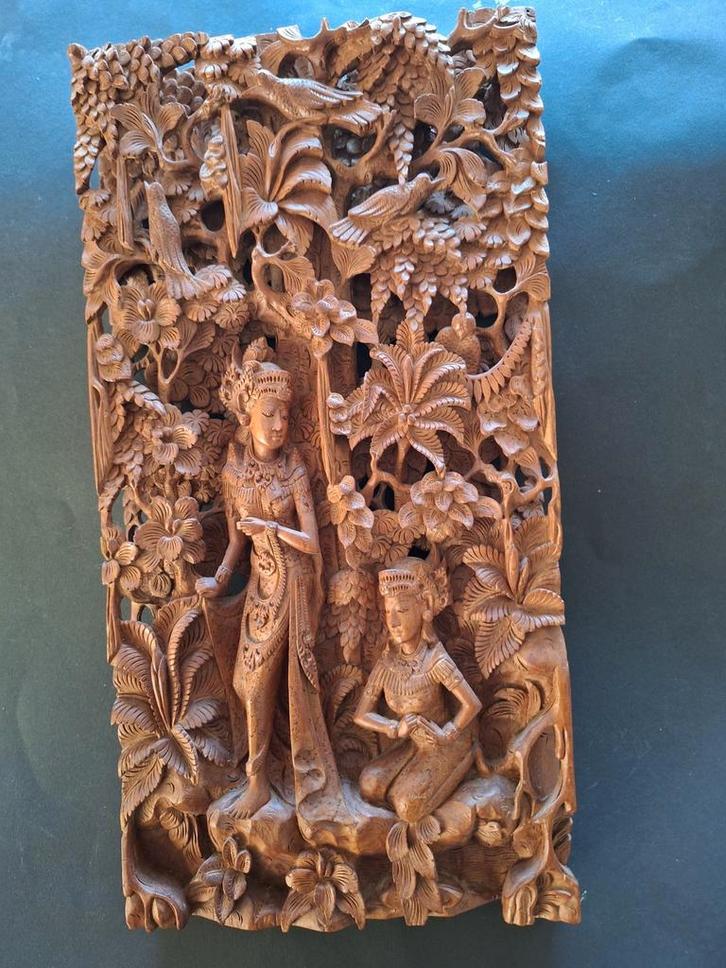 Balinees houtsnijwerk wandpaneel 2e helft 20e eeuw, Antiek en Kunst, Kunst | Beelden en Houtsnijwerken, Ophalen of Verzenden