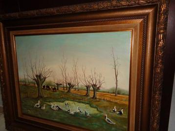 Eenden & Paarden-Prachtig groot gesigneerd antiek schilderij beschikbaar voor biedingen