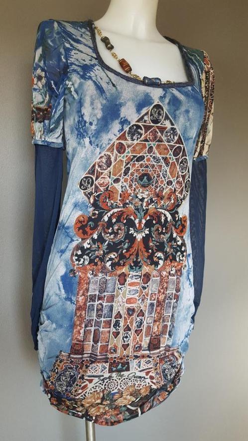tuniek Save the Queen - ketting - print - blauw - S/M, Kleding | Dames, Blouses en Tunieken, Zo goed als nieuw, Maat 36 (S), Blauw