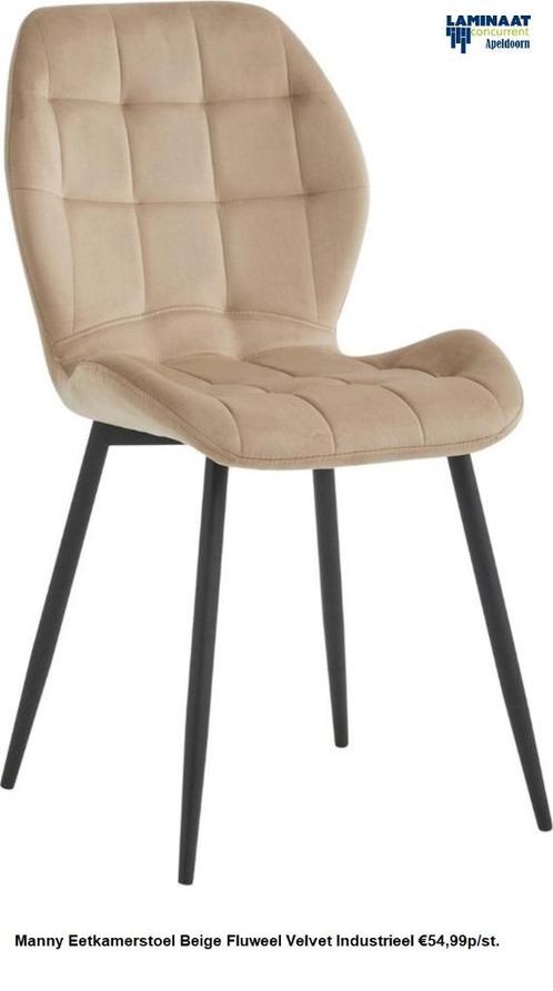 Manny Eetkamerstoel Beige Fluweel Velvet Industrieel €59,99, Huis en Inrichting, Stoelen, Nieuw, Vijf, Zes of meer stoelen, Metaal