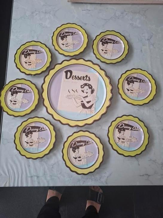 2 nostalgische gebaksbordenset groen en blauw, Antiek en Kunst, Antiek | Wandborden en Tegels, Ophalen