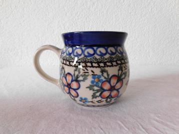 Bunzlau bolle mok, blauw met roze bloemen, 240 ml, hg 8 cm,  beschikbaar voor biedingen