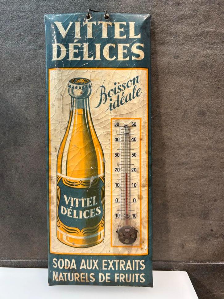 Vintage Vittel Délices Thermometer Reclamebord, Antiek en Kunst, Antiek | Emaille, Ophalen