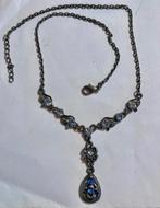 Vintage verzilverde blauw strass rhinestones ketting collier, Overige materialen, Blauw, Met strass, Ophalen of Verzenden