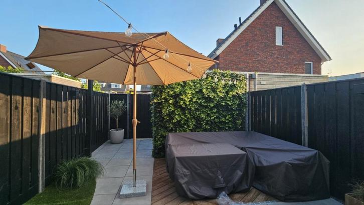 Parasol Jysk en horten parasolvoet 35kg - Grijs, Tuin en Terras, Parasols, Gebruikt, Stokparasol, Minder dan 1 meter, Ophalen of Verzenden