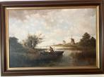 F.L. Corsius Schilderij Klassiek Landschap Molens Boot Figur, Antiek en Kunst, Ophalen