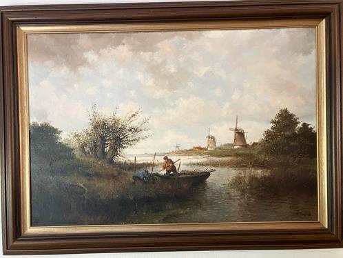 F.L. Corsius Schilderij Klassiek Landschap Molens Boot Figur, Antiek en Kunst, Kunst | Schilderijen | Klassiek, Ophalen
