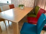 eethoek: tafel met 6 kleurige stoelen, Huis en Inrichting, Tafels | Eettafels, Ophalen, Gebruikt, Rechthoekig, 50 tot 100 cm