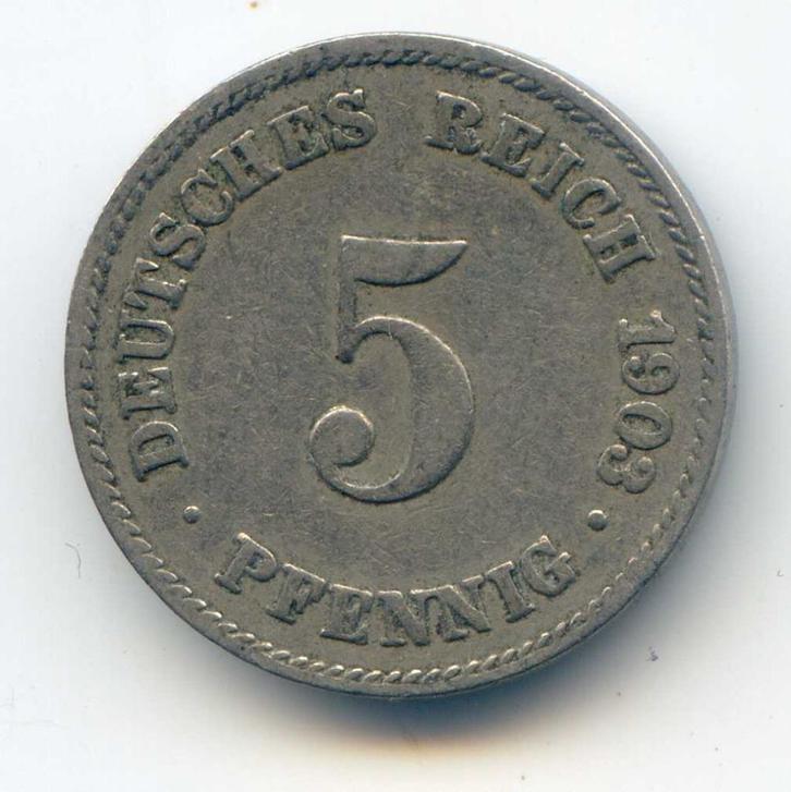 Duitsland 5 Pfennig 1903 J Oplage 817.000, Postzegels en Munten, Munten | Europa | Niet-Euromunten, Duitsland, Ophalen of Verzenden