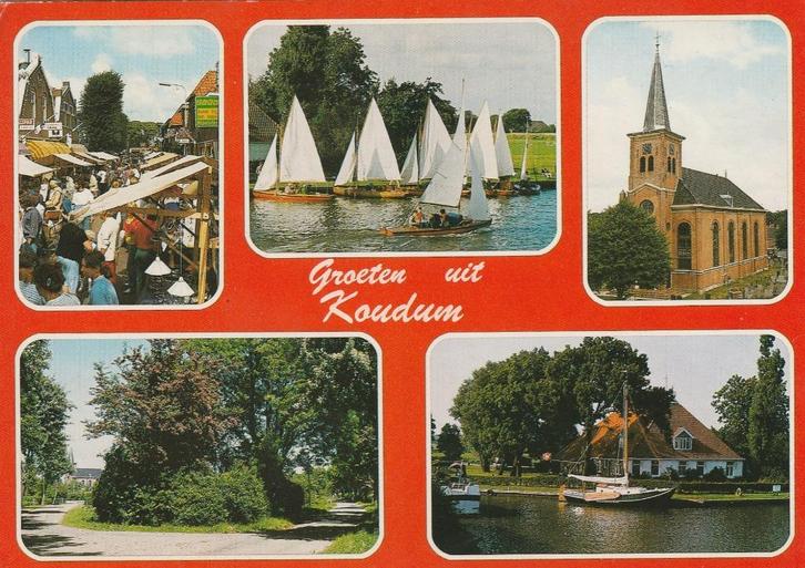 KOUDUM Markt Landschap Zeilsport Kerk Groeten, Verzamelen, Ansichtkaarten | Nederland, Gelopen, Friesland, 1980 tot heden, Verzenden